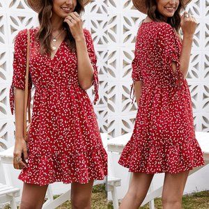 NWT Red & White Dot Ruffle-Hem Surplice Dress